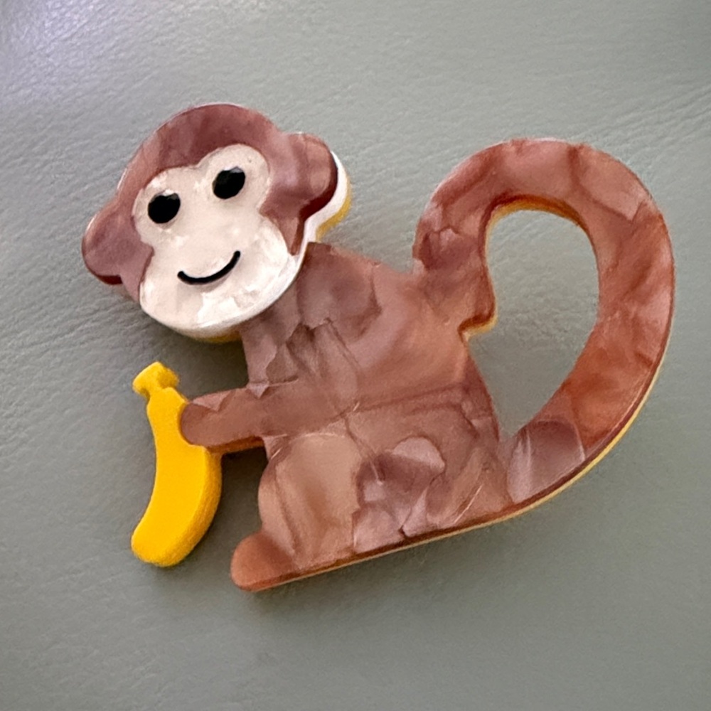 Cute Monkey Brooch with Banana Lucite